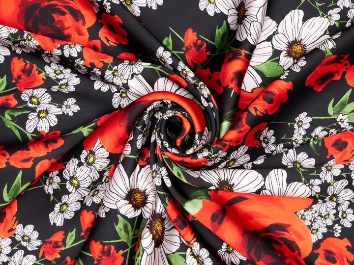 Lightweight  satin  fabric by the yard - Italian high fashion print - Red floral