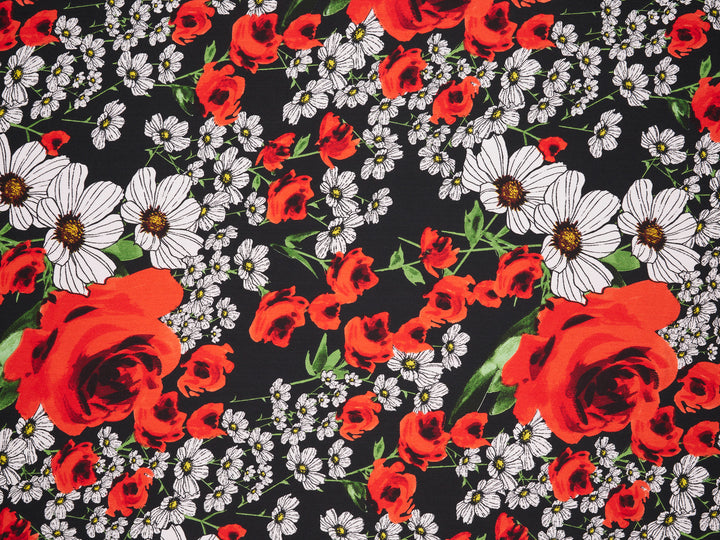 Lightweight  satin  fabric by the yard - Italian high fashion print - Red floral