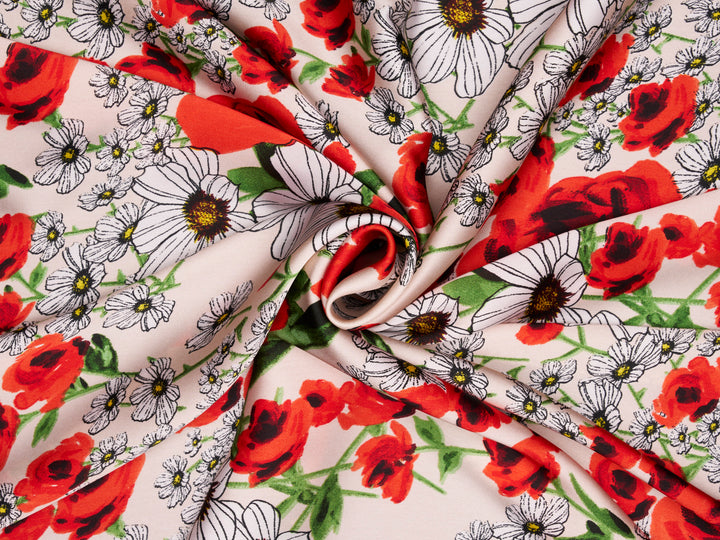 Lightweight  satin  fabric by the yard - Italian high fashion print - Red floral