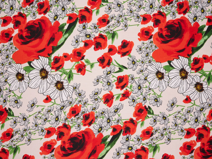 Lightweight  satin  fabric by the yard - Italian high fashion print - Red floral