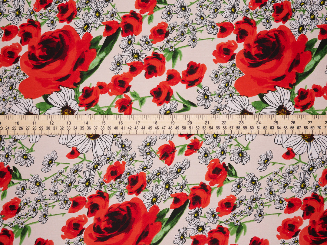 Lightweight  satin  fabric by the yard - Italian high fashion print - Red floral