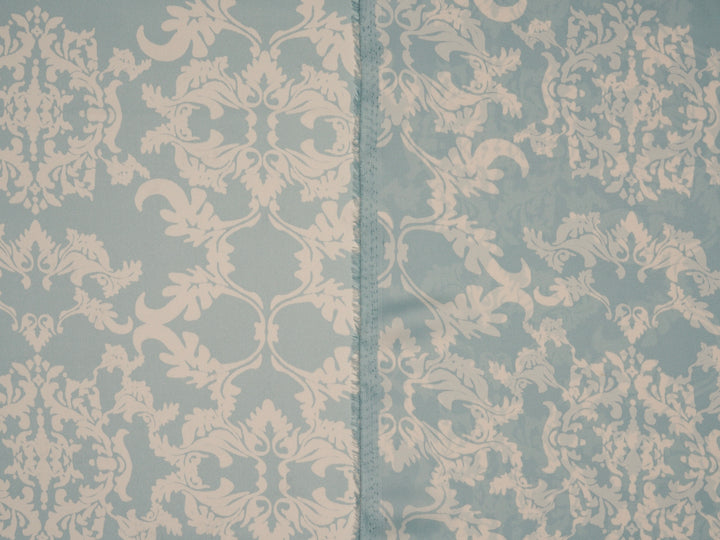 Lightweight  satin  fabric by the yard - Light sage  and off white damask print