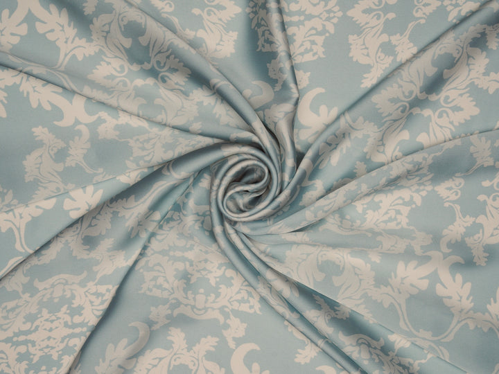 Lightweight  satin  fabric by the yard - Light sage  and off white damask print