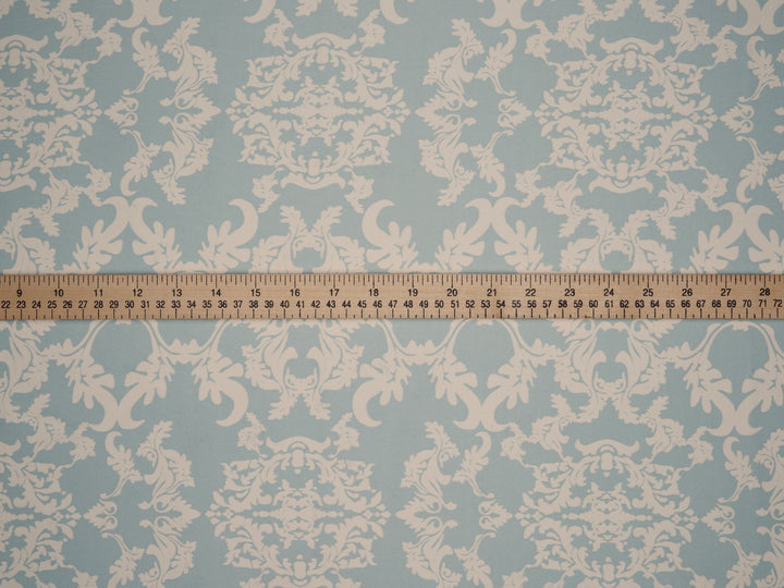 Lightweight  satin  fabric by the yard - Light sage  and off white damask print