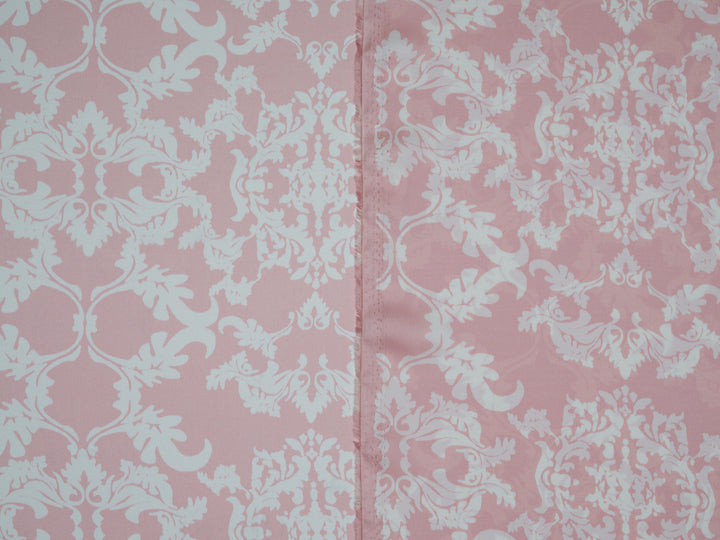 Lightweight  satin  fabric by the yard - Pink and off white damask print