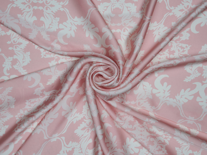 Lightweight  satin  fabric by the yard - Pink and off white damask print