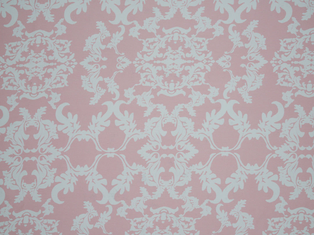 Lightweight  satin  fabric by the yard - Pink and off white damask print