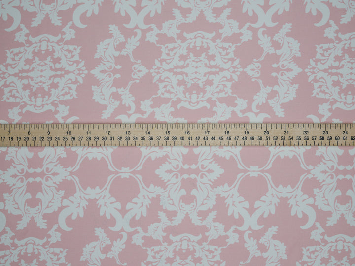 Lightweight  satin  fabric by the yard - Pink and off white damask print