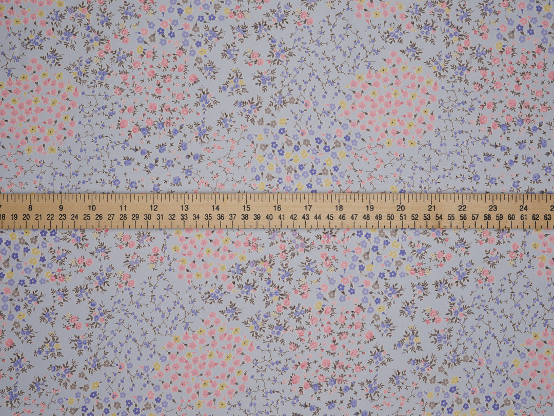 Lightweight  satin  fabric - Pink and light blue dainty floral print