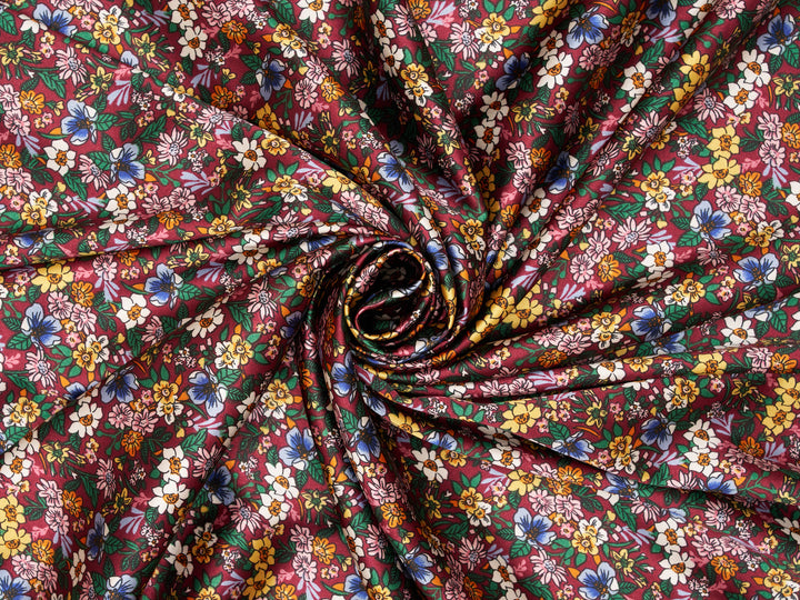 Burgundy Small Colorful Floral Satin Fabric – Silky Charmeuse for Western Shirts, Wild Rags, Curly hair care & Dresses (By the Yard)