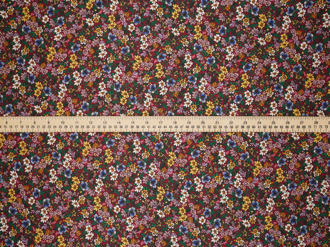 Burgundy Small Colorful Floral Satin Fabric – Silky Charmeuse for Western Shirts, Wild Rags, Curly hair care & Dresses (By the Yard)