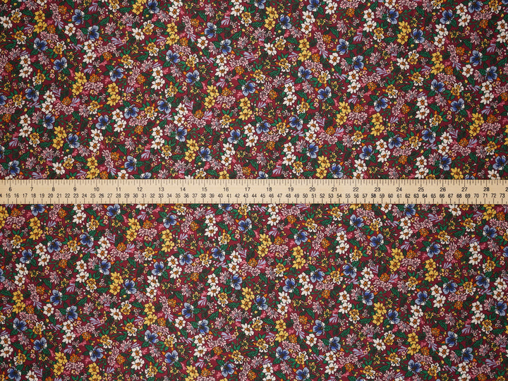 Burgundy Small Colorful Floral Satin Fabric – Silky Charmeuse for Western Shirts, Wild Rags, Curly hair care & Dresses (By the Yard)