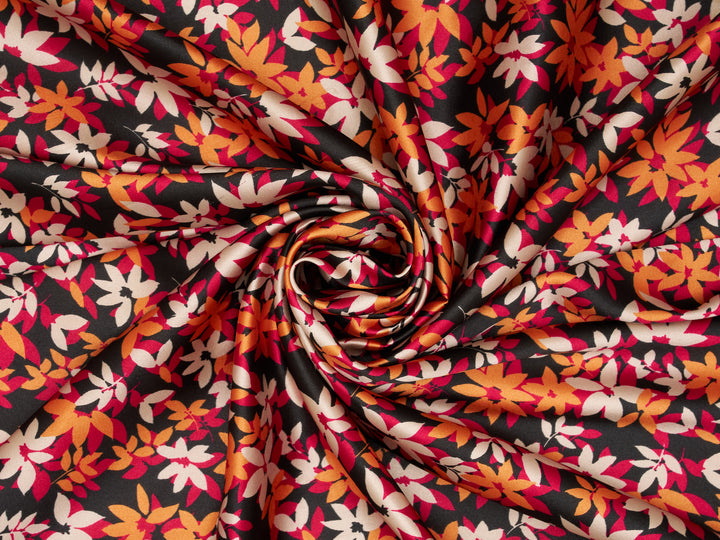 Black Orange Nature Floral Satin Fabric – Silky Charmeuse for Western Shirts, Wild Rags, Curly hair care & Dresses (By the Yard)