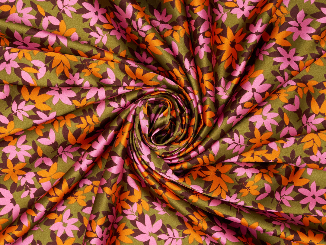 Faux silk charmeuse satin fabric by the yard -  Nature  floral  print