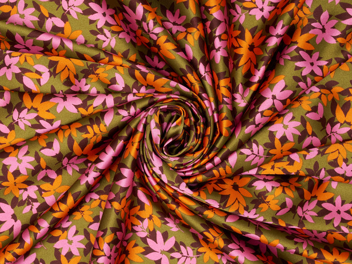 Faux silk charmeuse satin fabric by the yard -  Nature  floral  print