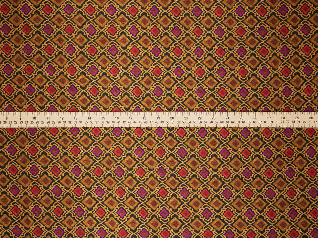 Golden Geometric squares print  Satin Fabric – Silky Charmeuse for Western Shirts, Wild Rags, Curly hair care & Dresses (By the Yard)