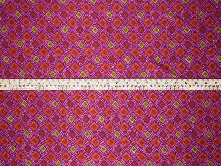 Burgundy  Geometric squares   print Satin Fabric – Silky Charmeuse for Western Shirts, Wild Rags, Curly hair care & Dresses (By the Yard)