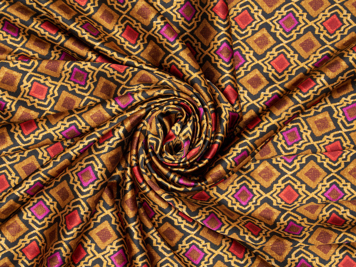 Golden Geometric squares print  Satin Fabric – Silky Charmeuse for Western Shirts, Wild Rags, Curly hair care & Dresses (By the Yard)