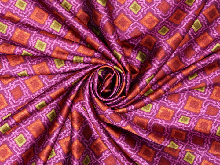 Burgundy  Geometric squares   print Satin Fabric – Silky Charmeuse for Western Shirts, Wild Rags, Curly hair care & Dresses (By the Yard)