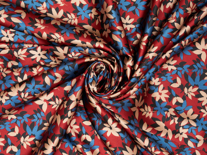 Burgundy Blue Nature flowers  – Silky Charmeuse for Western Shirts, Wild Rags, Curly hair care & Dresses (By the Yard) charmeuse satin fabric by the yard