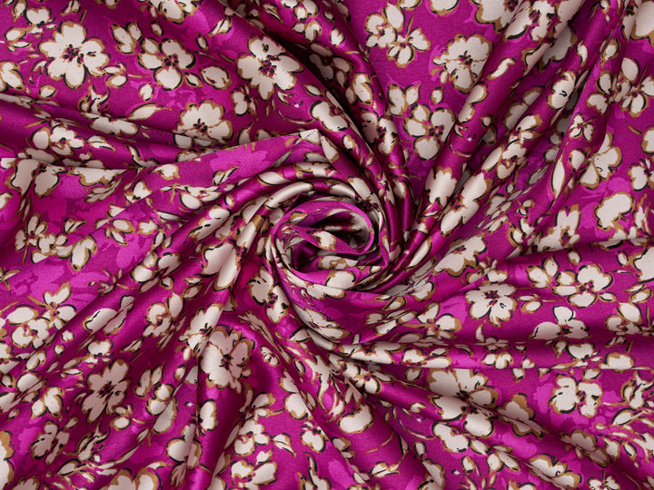 Raspberry  floral print Satin Fabric – Silky Charmeuse for Western Shirts, Wild Rags, Curly hair care & Dresses (By the Yard)