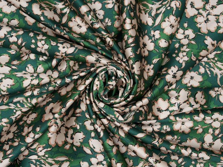 Green floral print Satin Fabric – Silky Charmeuse for Western Shirts, Wild Rags, Curly hair care & Dresses (By the Yard)