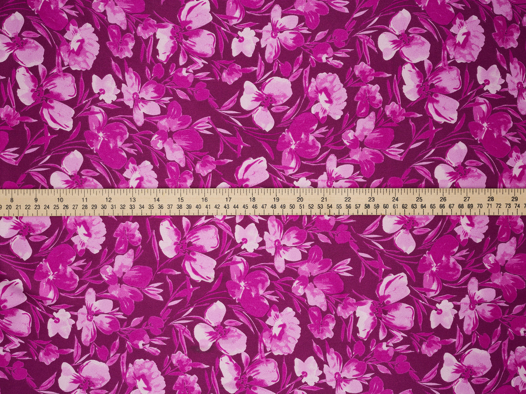 Magenta Floral Satin Fabric – Silky Charmeuse for Western Shirts, Wild Rags, Curly hair care & Dresses (By the Yard)