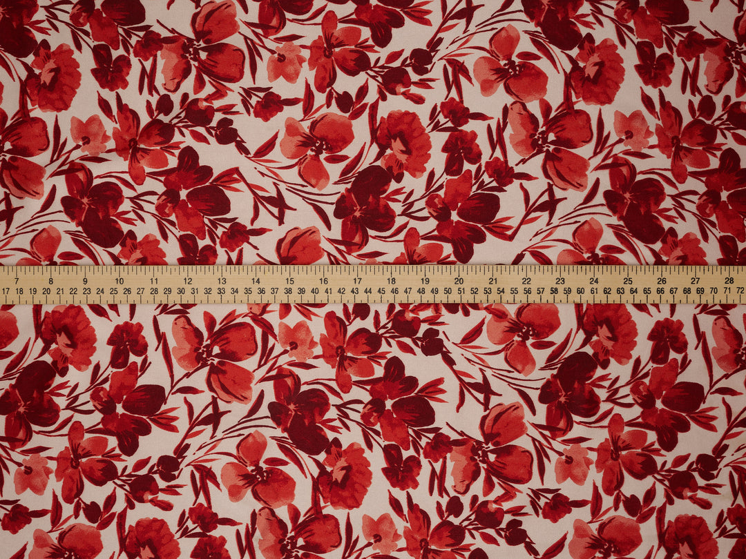 Red Off White  Floral Satin Fabric – Silky Charmeuse for Western Shirts, Wild Rags, Curly hair care & Dresses (By the Yard)