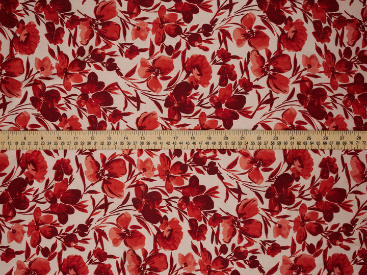 Red Off White  Floral Satin Fabric – Silky Charmeuse for Western Shirts, Wild Rags, Curly hair care & Dresses (By the Yard)
