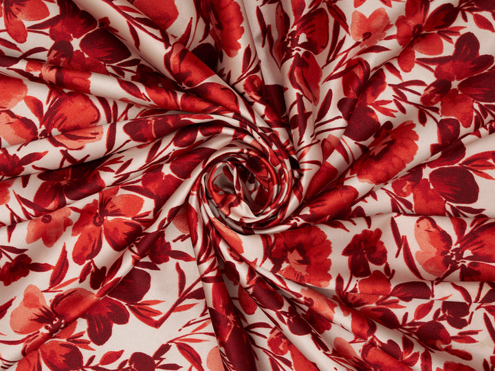 Red Off White  Floral Satin Fabric – Silky Charmeuse for Western Shirts, Wild Rags, Curly hair care & Dresses (By the Yard)