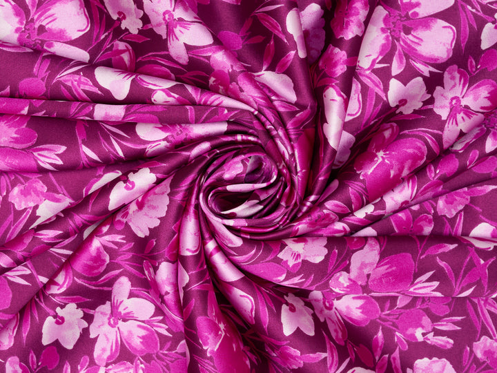 Magenta Floral Satin Fabric – Silky Charmeuse for Western Shirts, Wild Rags, Curly hair care & Dresses (By the Yard)