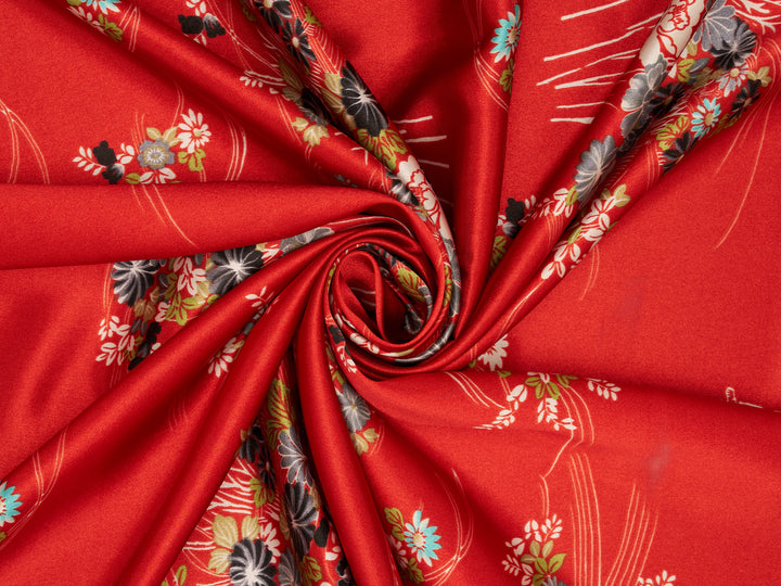 Red Floral  print Satin Fabric – Silky Charmeuse for Western Shirts, Wild Rags, Curly hair care & Dresses (By the Yard)