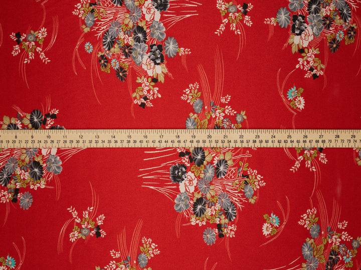Red Floral  print Satin Fabric – Silky Charmeuse for Western Shirts, Wild Rags, Curly hair care & Dresses (By the Yard)