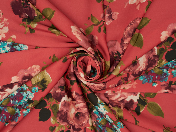 Lightweight  satin  fabric by the yard - Burnt coral  with teal burgundy   florals  print