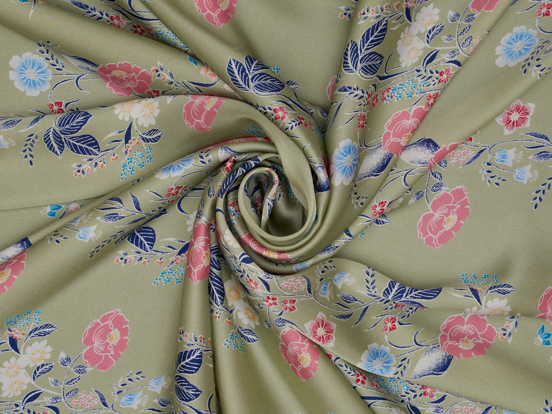 Lightweight  satin  fabric by the yard -  Sage blue and pink floral    print