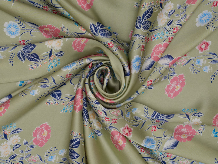 Lightweight  satin  fabric by the yard -  Sage blue and pink floral    print