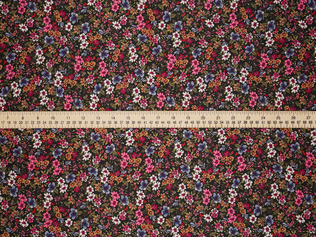 Faux silk charmeuse satin fabric by the yard - Black  Small colorful floral   print