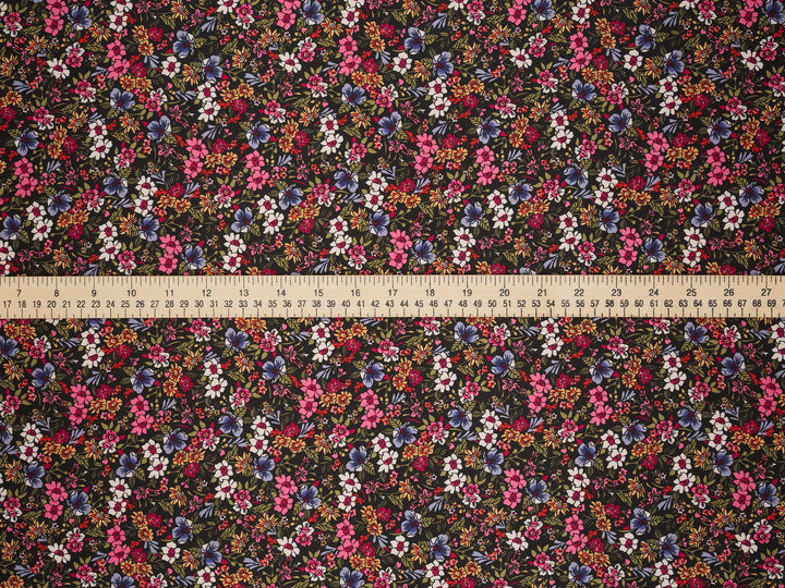 Faux silk charmeuse satin fabric by the yard - Black  Small colorful floral   print