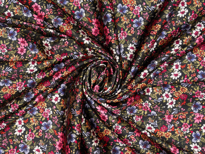 Faux silk charmeuse satin fabric by the yard - Black  Small colorful floral   print