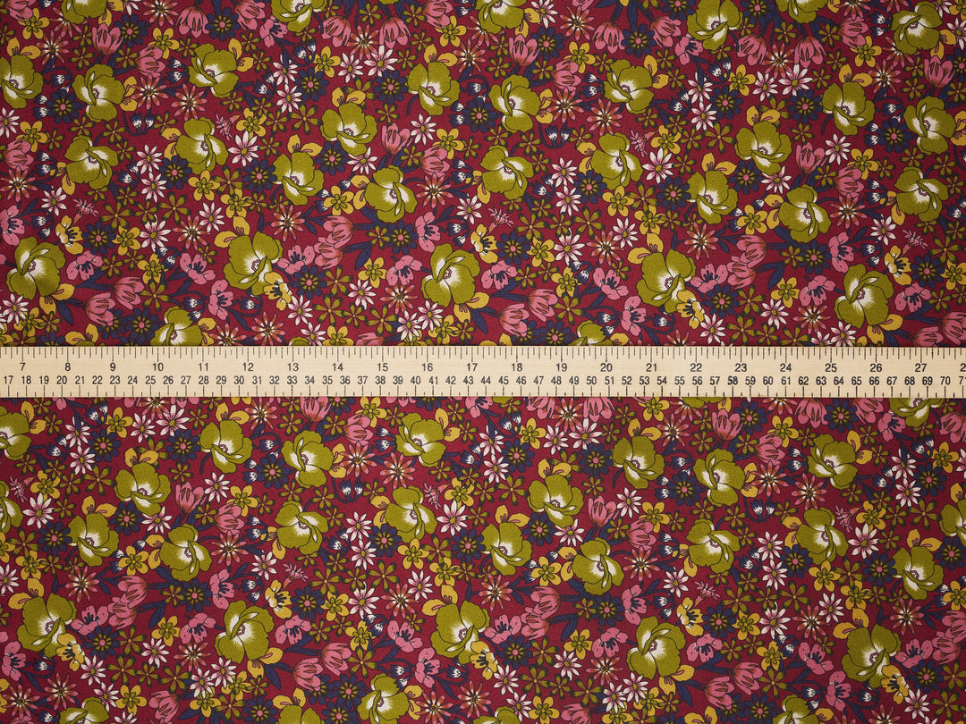 Burgundy Green Floral Satin Fabric – Silky Charmeuse for Western Shirts, Wild Rags, Curly hair care & Dresses (By the Yard)