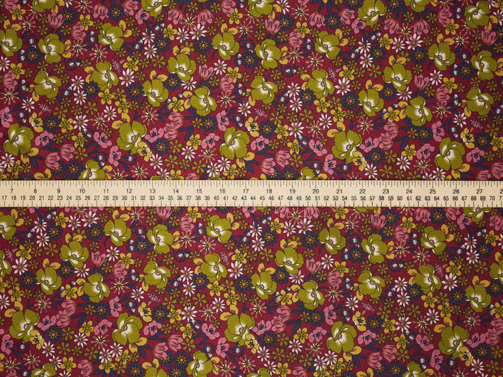 Burgundy Green Floral Satin Fabric – Silky Charmeuse for Western Shirts, Wild Rags, Curly hair care & Dresses (By the Yard)