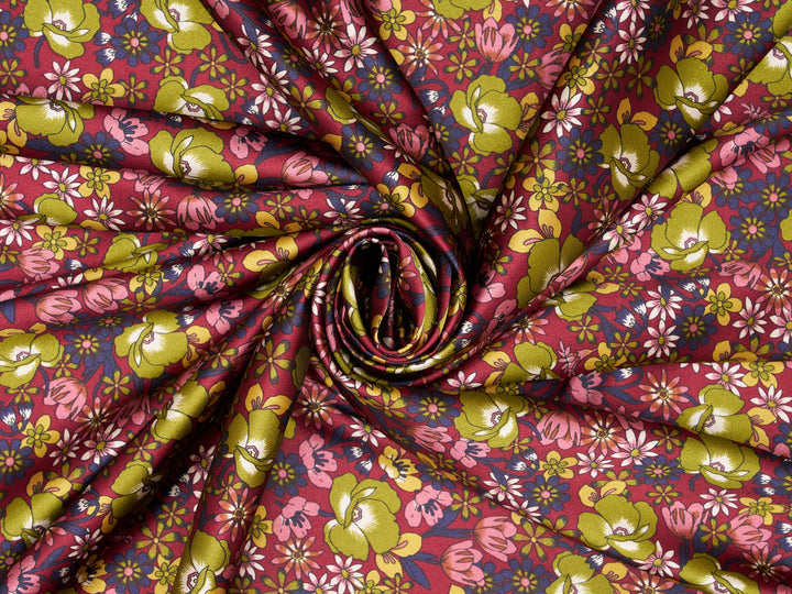 Burgundy Green Floral Satin Fabric – Silky Charmeuse for Western Shirts, Wild Rags, Curly hair care & Dresses (By the Yard)