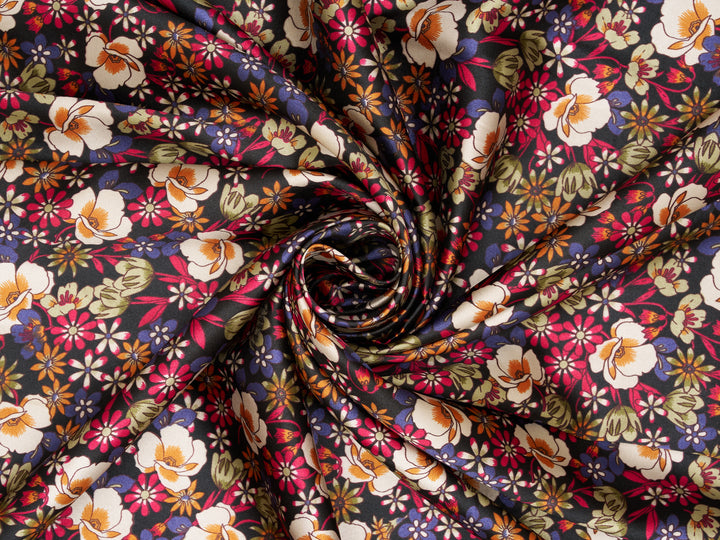 Black Ivory floral   Floral Satin Fabric – Silky Charmeuse for Western Shirts, Wild Rags, Curly hair care & Dresses (By the Yard)