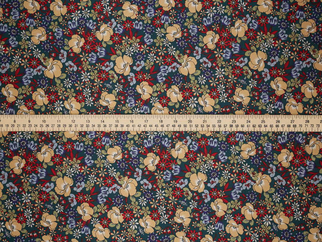 Faux silk charmeuse satin fabric by the yard - Green Burgundy  floral   print