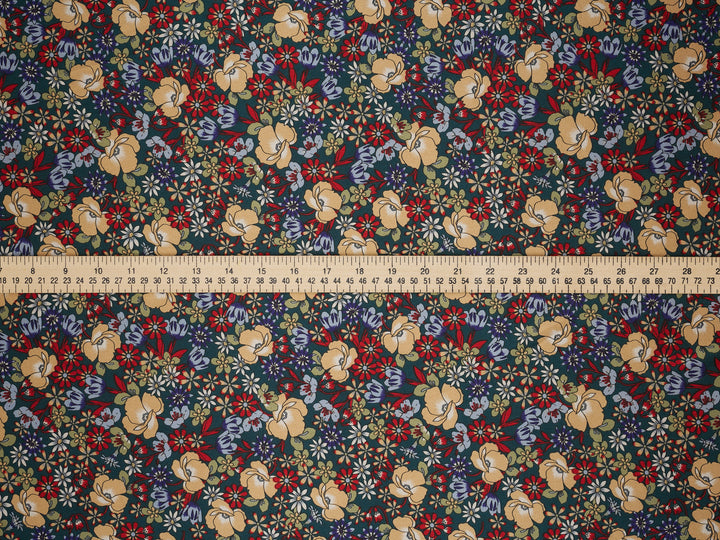 Faux silk charmeuse satin fabric by the yard - Green Burgundy  floral   print