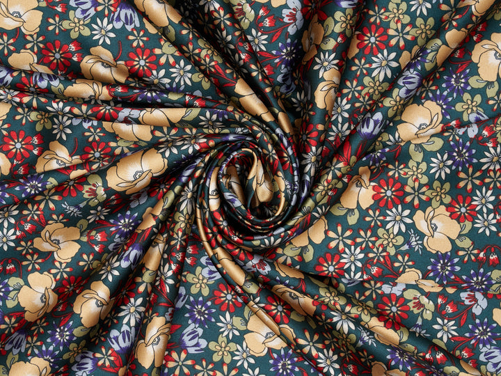 Faux silk charmeuse satin fabric by the yard - Green Burgundy  floral   print