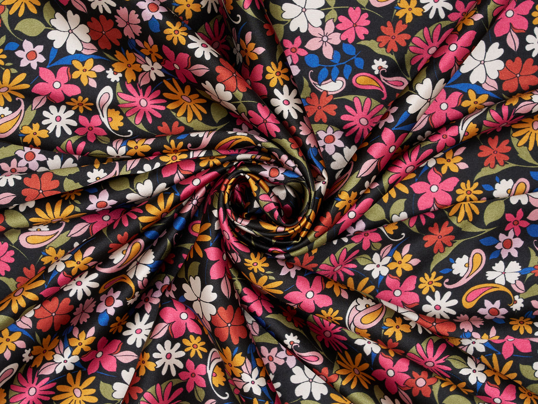 Black and Pink multicolor Paisley floral  print - Silky charmeuse satin fabric by the yard