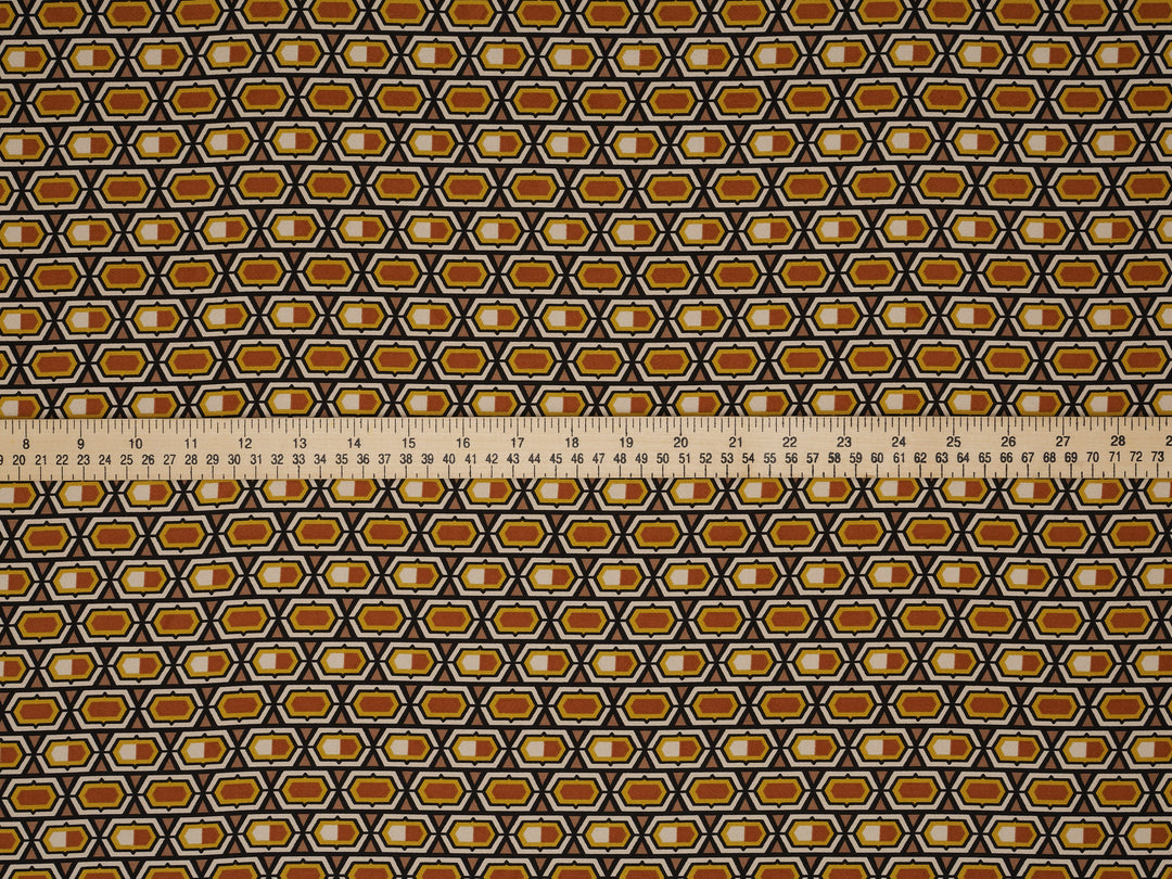Lightweight stretch   satin  fabric by the yard -  Mustard brown ivory motif tile pattern