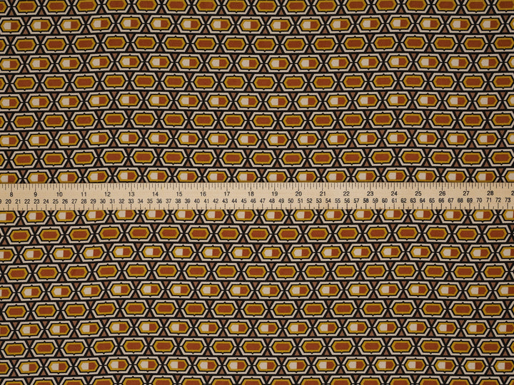 Lightweight stretch   satin  fabric by the yard -  Mustard brown ivory motif tile pattern