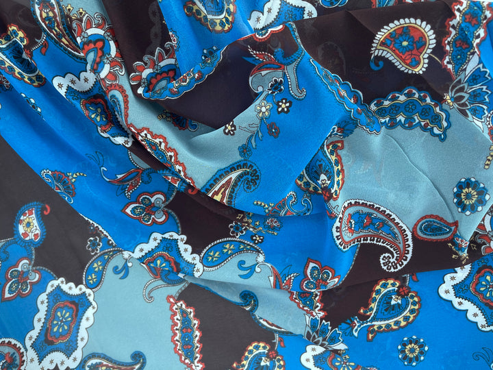 Chiffon fabric by the yard - Blue Paisley Print